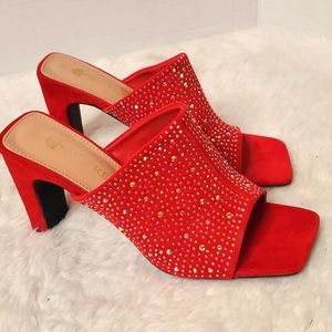 Big Tree red velvet square toe diamond studded 4-inch square heels